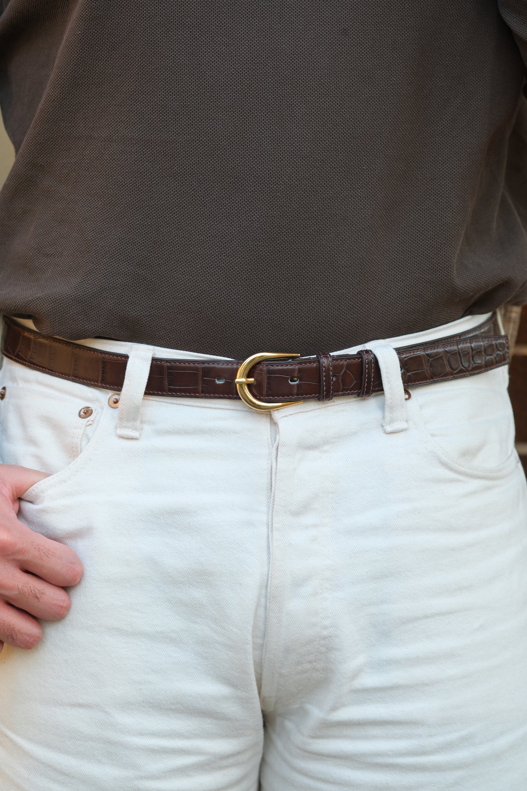 Dark Brown Alligator Handstitched Belt (Wholecut)