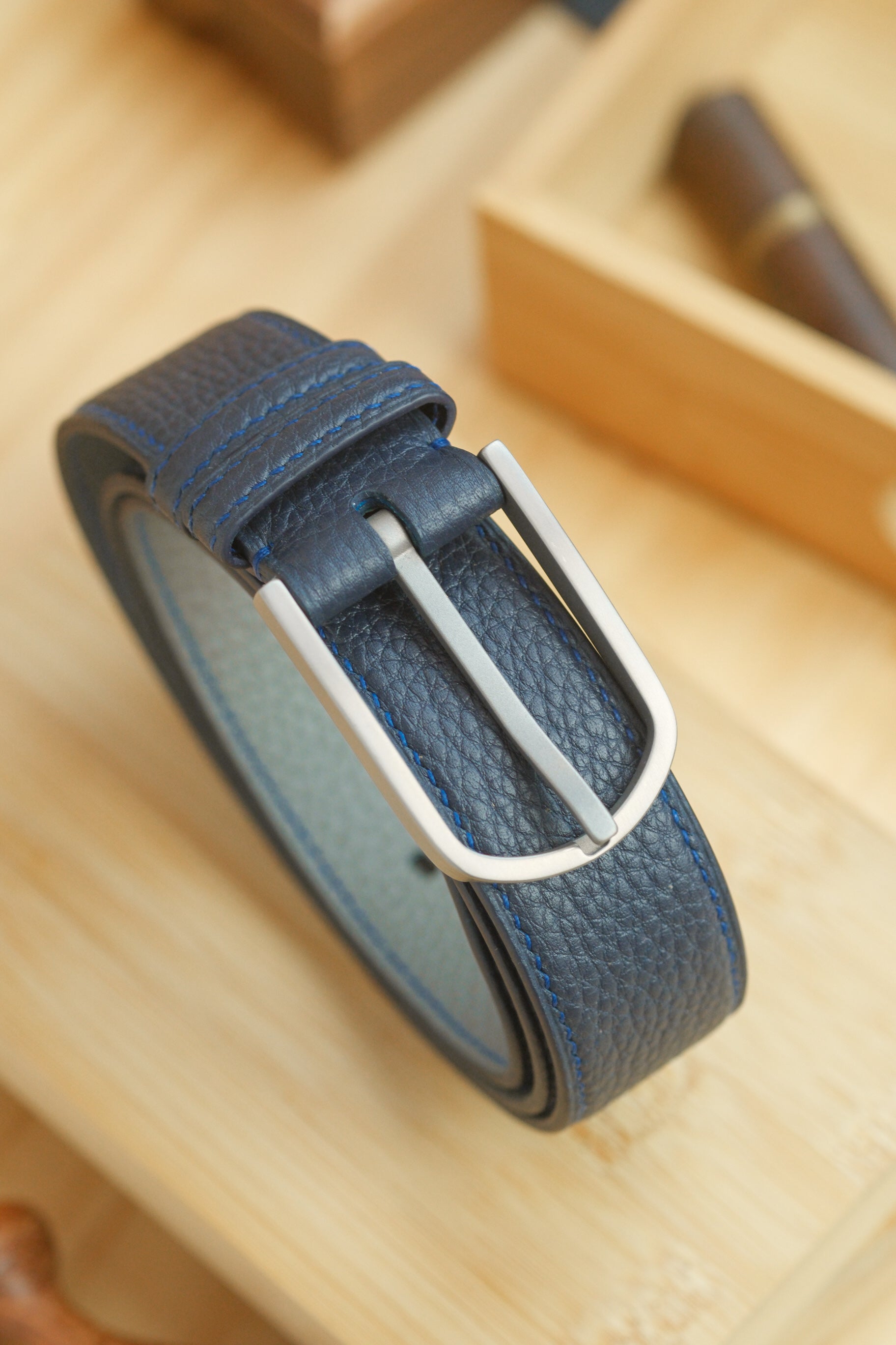 Navy Odessa Calfskin Handstitched Belt