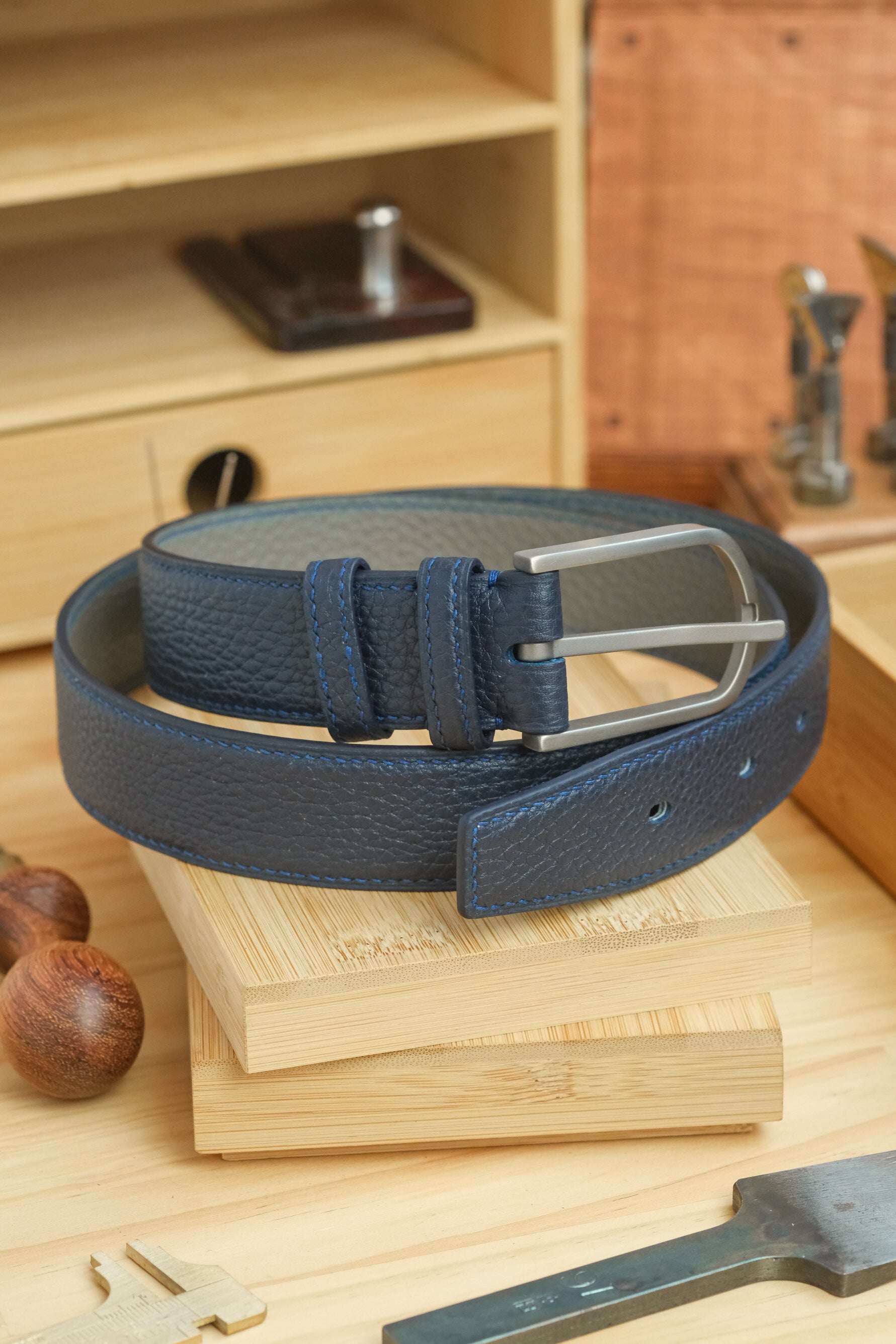 Navy Odessa Calfskin Handstitched Belt