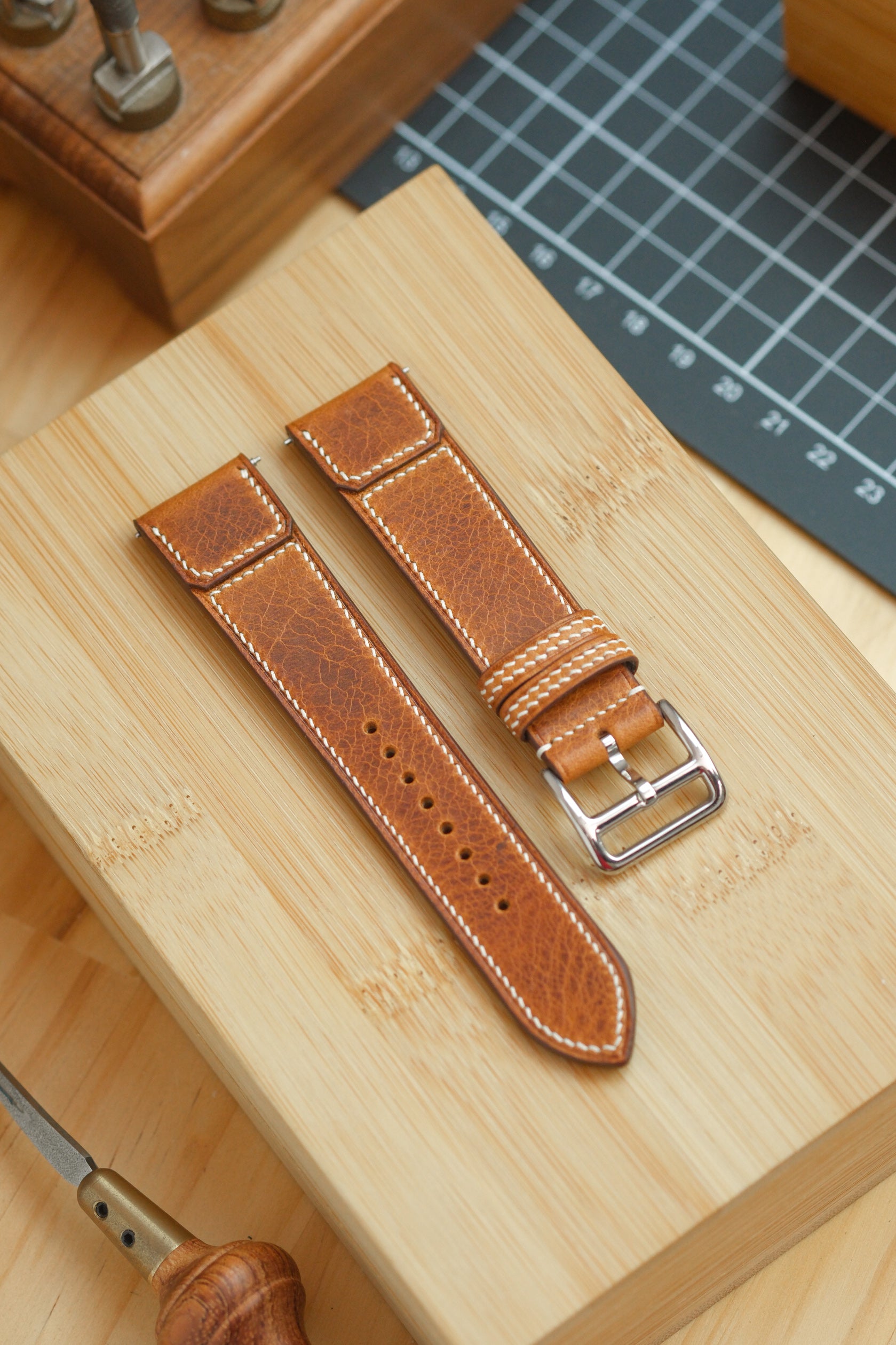 Cognac Waxy Cowhide Reverse-Folded Strap
