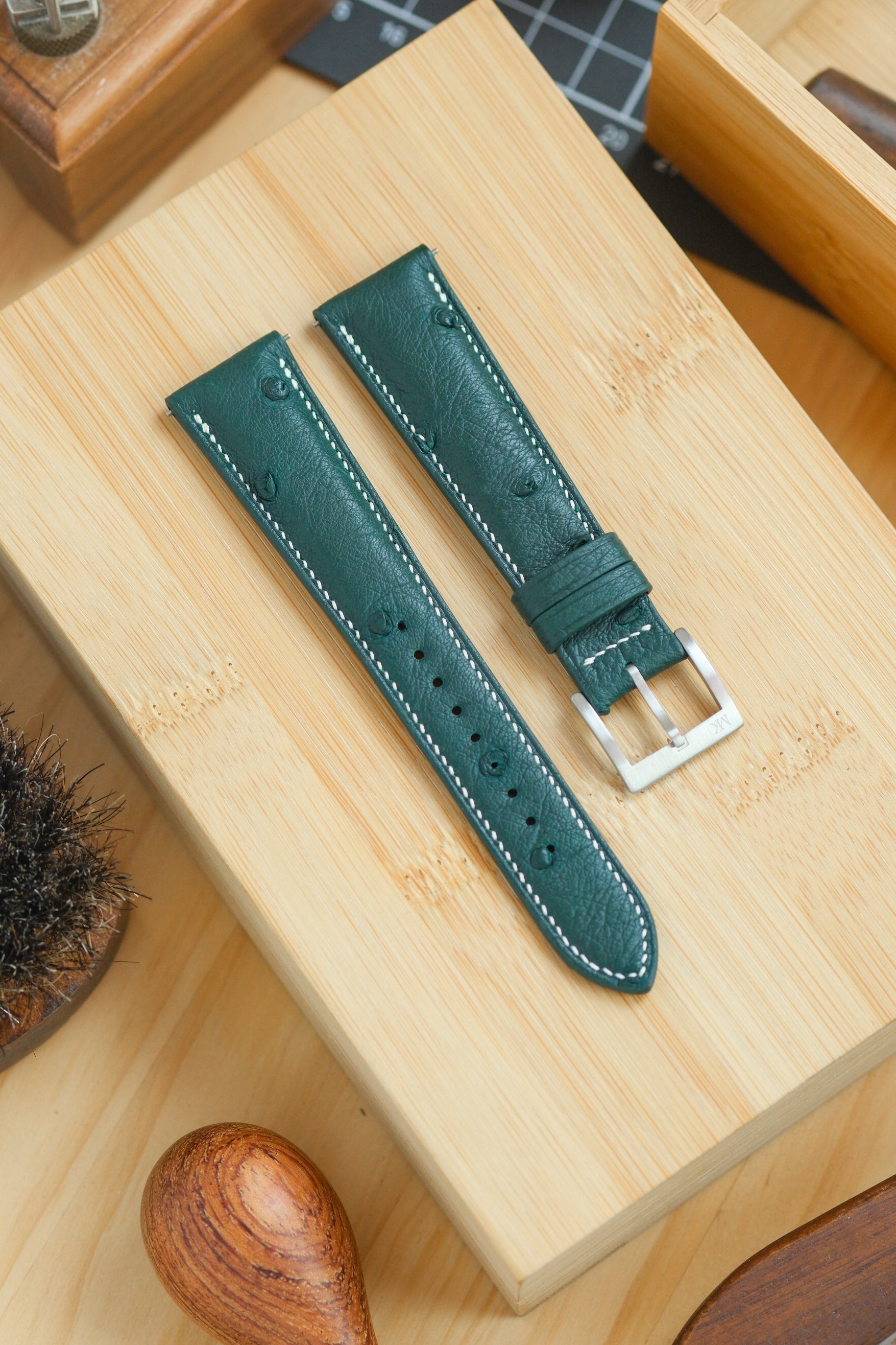 Bottle Green Ostrich Belly Leather Strap