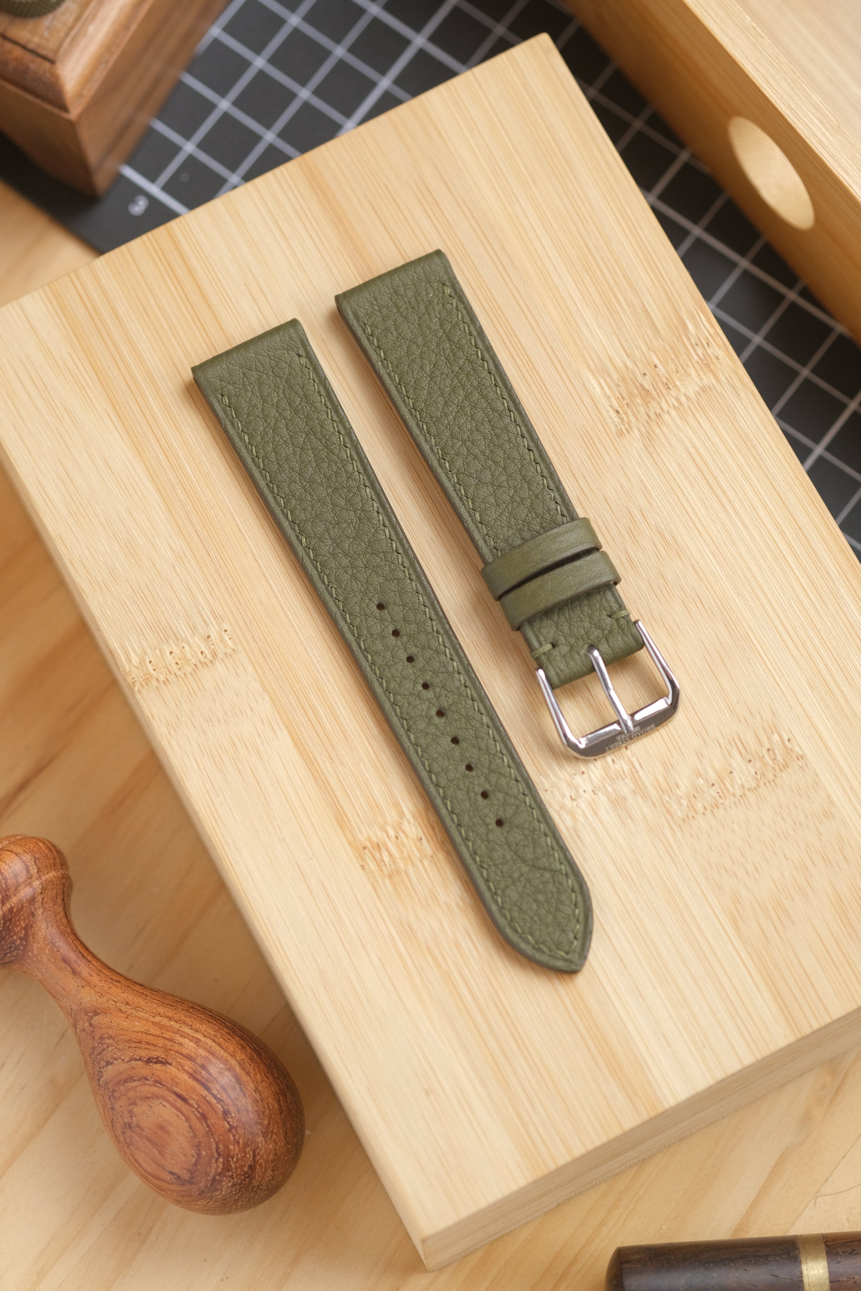 Olive Green Shrunken Calfskin Leather Strap